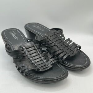 Strictly Comfort black leather wedge slide sandals, size 10.5